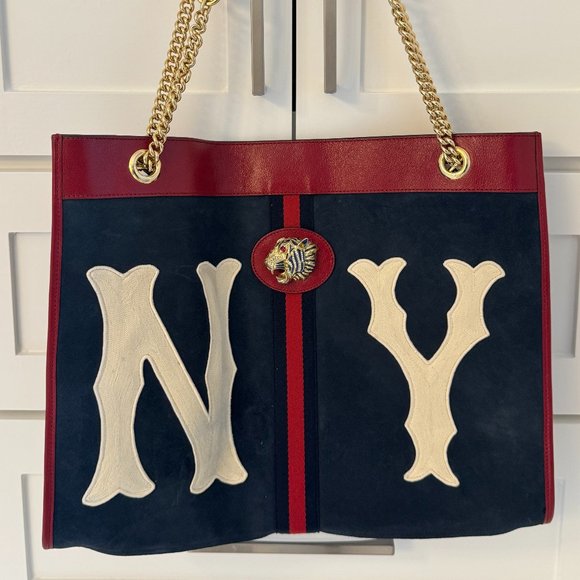 GUCCI Women's Blue Rajah Ny Yankees Large Suede & Leather Tote - Picture 2 of 15